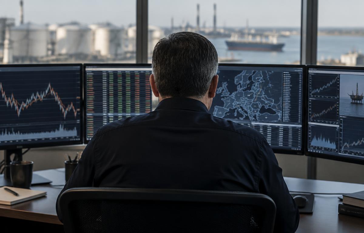 Anonymous energy trader viewed from behind at his desk