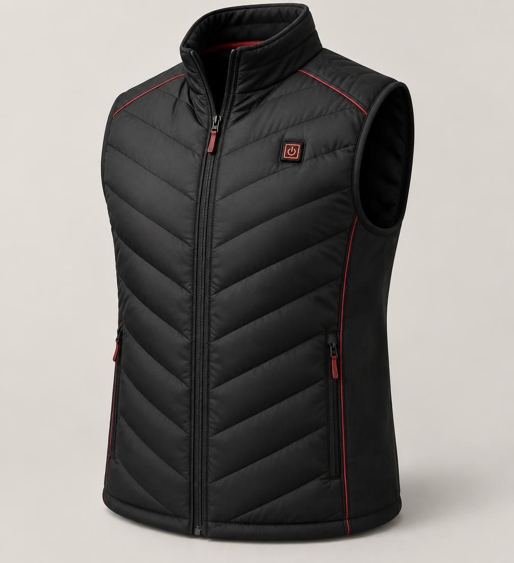 Black quilted heated vest with red accents