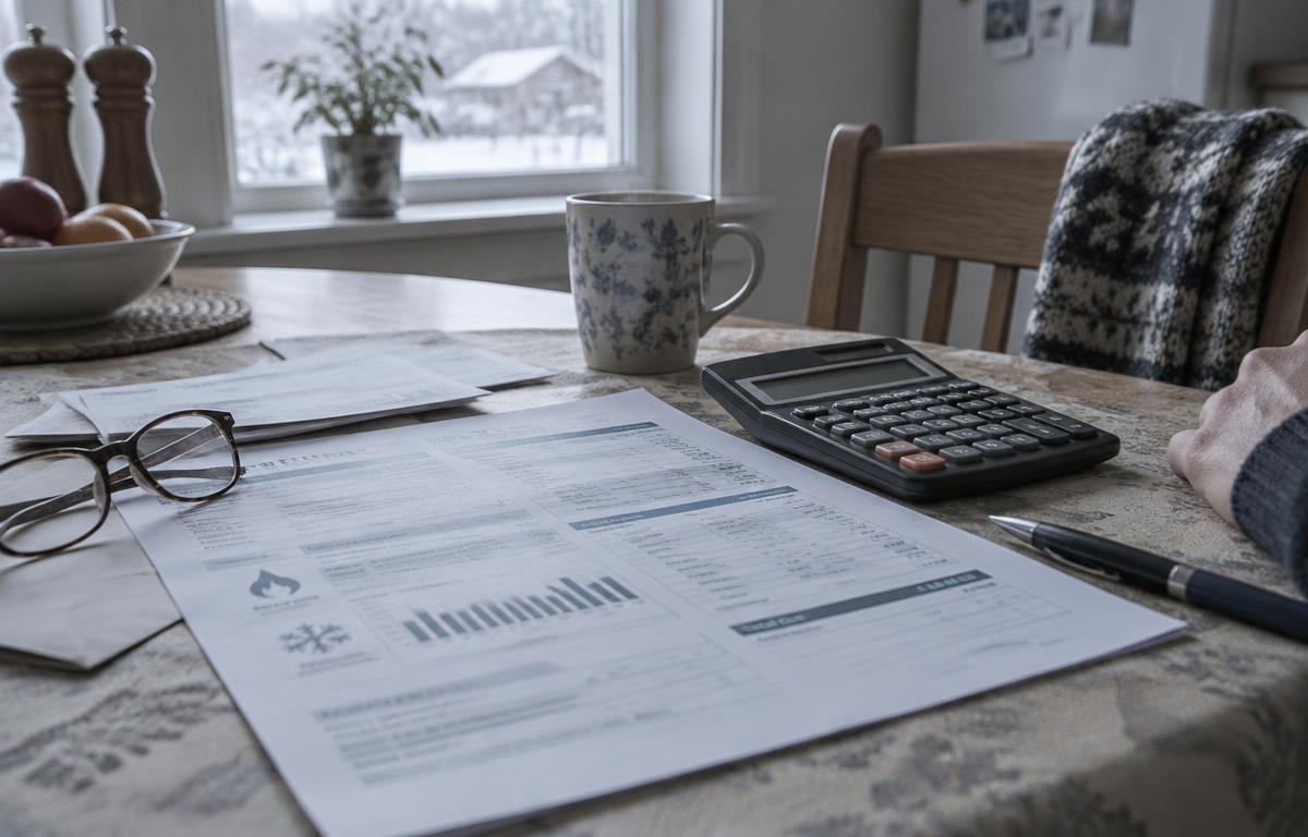 Winter utility bill and calculator on a kitchen table
