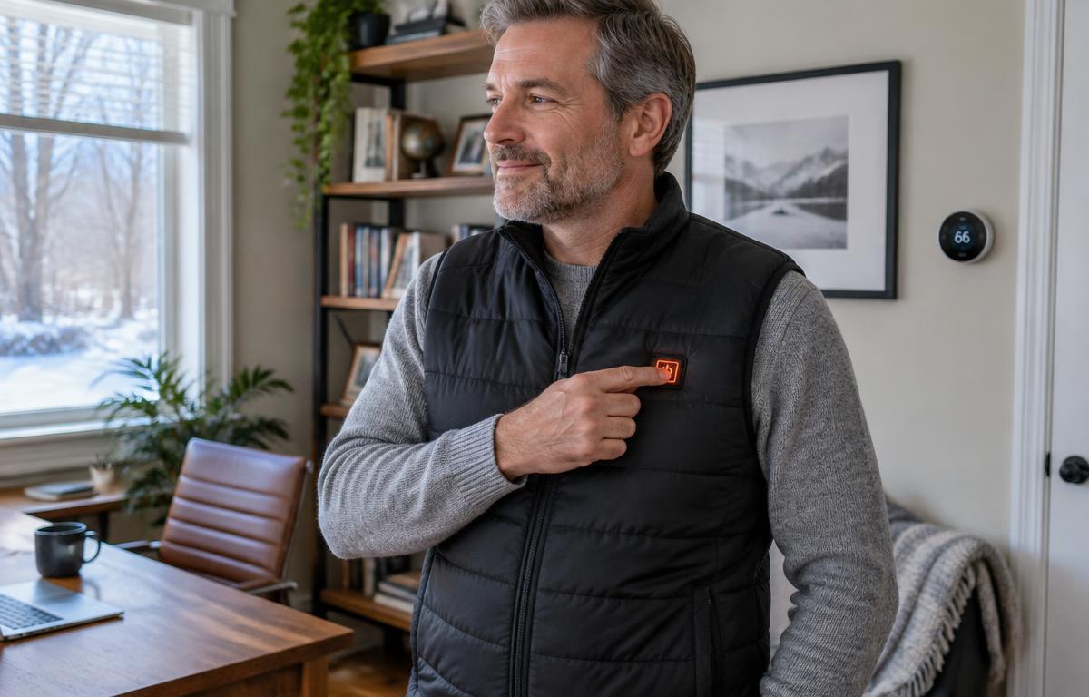 Field test of a heated vest in a home office set to 66 degrees